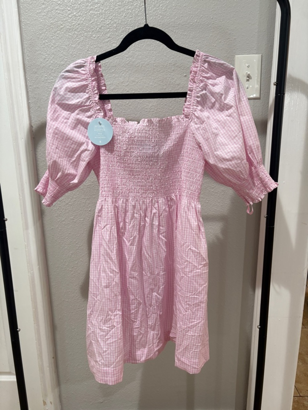 Pink Gingham Smocked Puff Sleeve Mini Dress